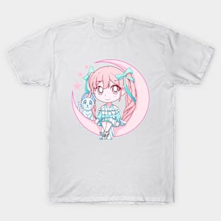 Chibi Girl sitting in Cresent Moon T-Shirt